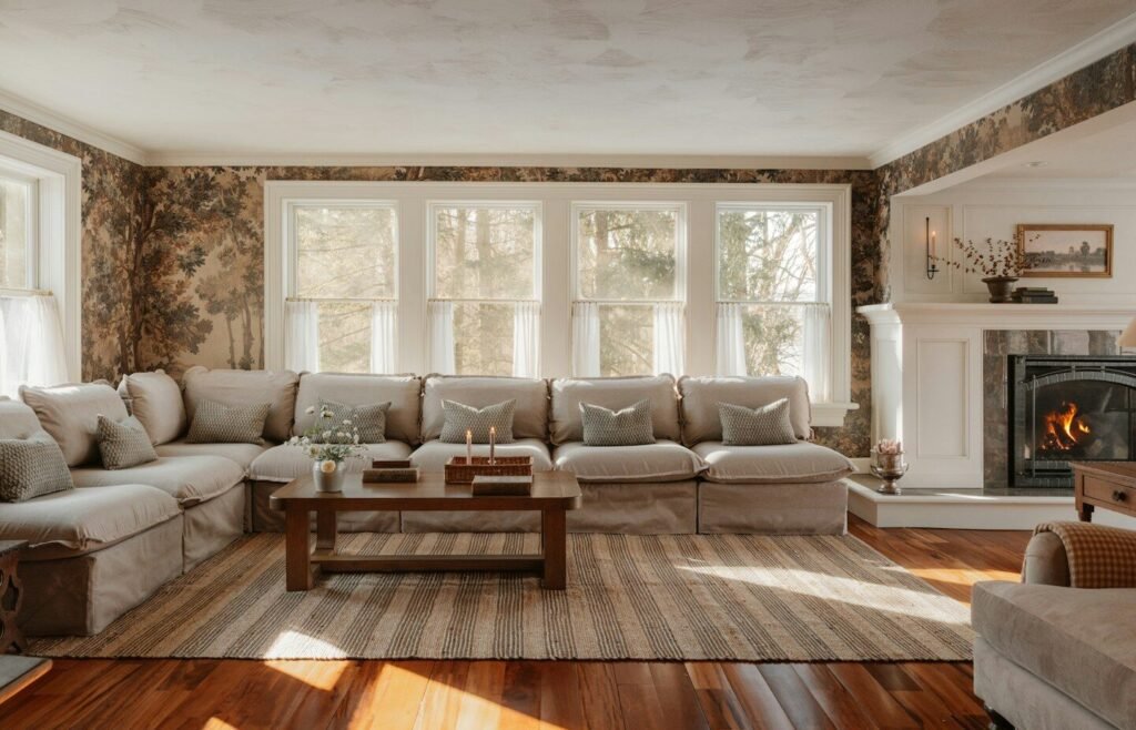 Cozy living room with sectional sofa and fireplace