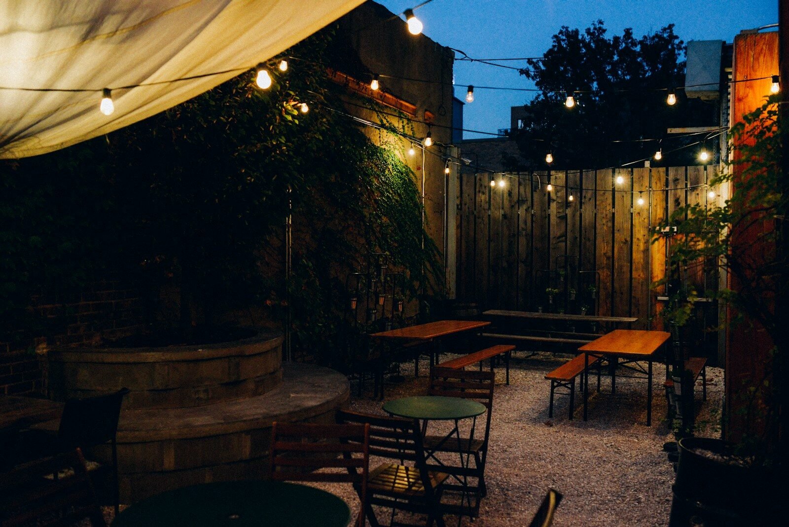 Outdoor patio with string lights at dusk