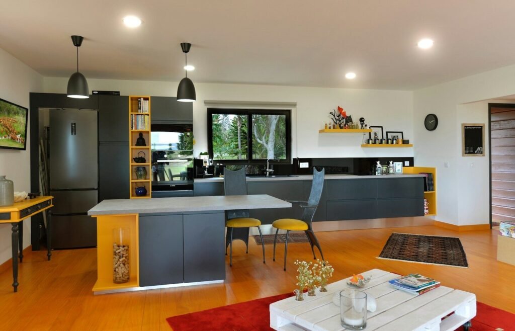 Stylish open-concept kitchen and living area with contemporary decor