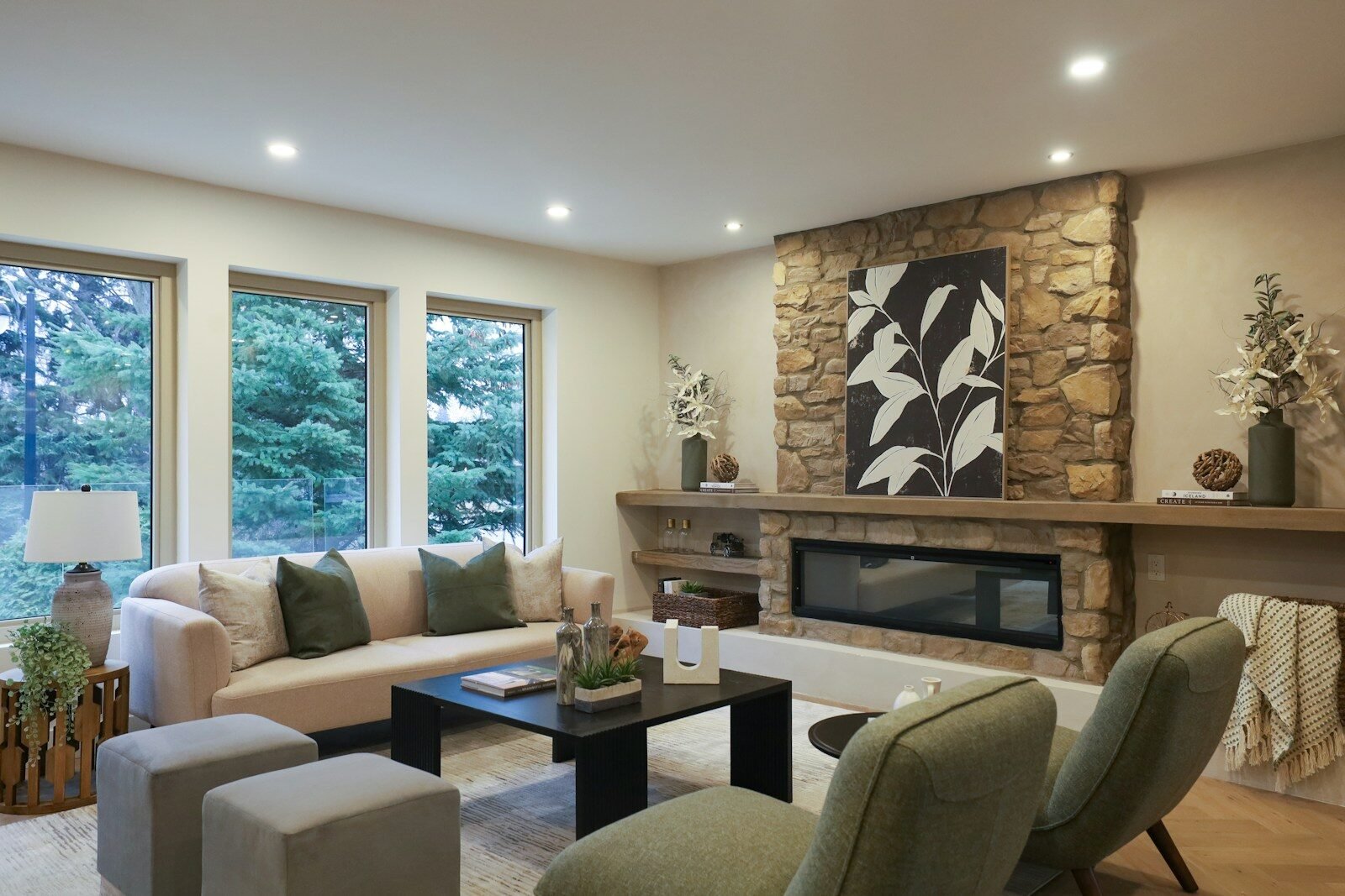 Cozy living room with stone fireplace and modern furniture