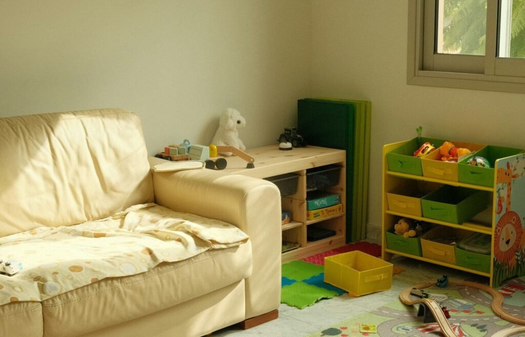 Children's playroom with toys and storage