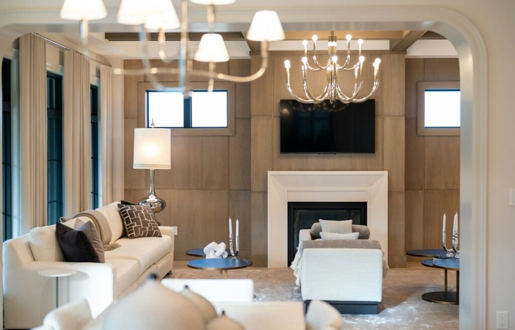 Elegant living room with fireplace and modern furniture