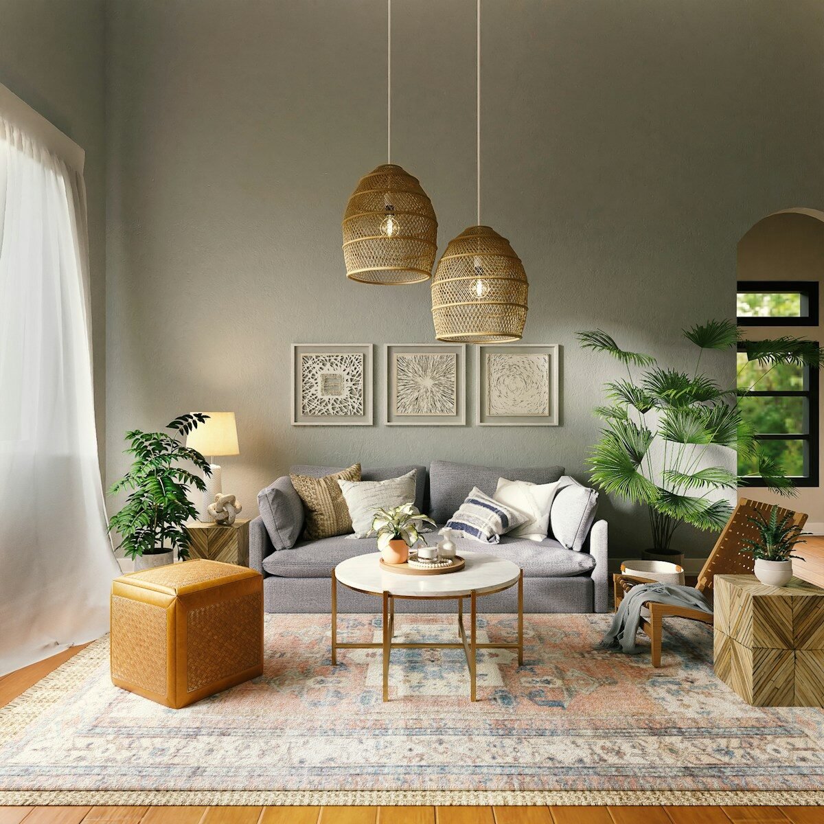 A grey sofa with patterned pillows in a living room with woven pendant lights